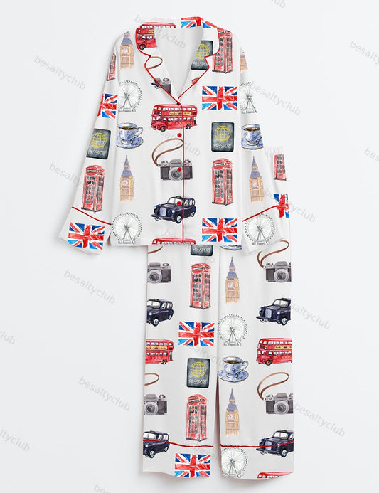 London Travel Long Sleeve Satin Pajama Set