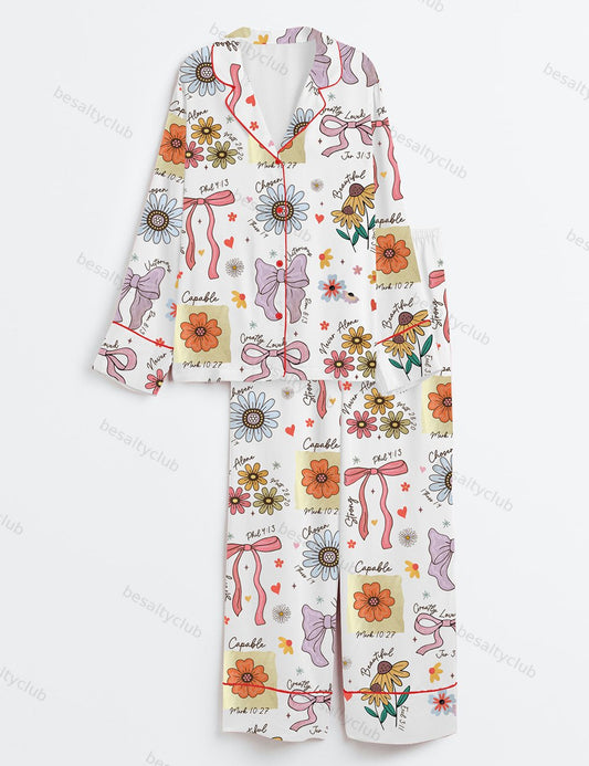 Christian Mama Boho Floral Mama Wildflower Mama Mother's Day Gift Long Sleeve Satin Pajama Set