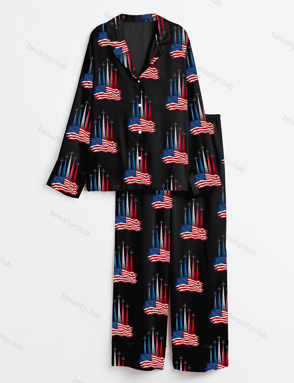 Realistic Jet Planes Patriotic 4th Of July Shirt Bold American Flag Art Print Long Sleeve Satin Pajama Set