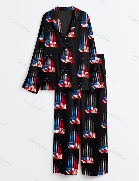 Realistic Jet Planes Patriotic 4th Of July Shirt Bold American Flag Art Print Long Sleeve Satin Pajama Set