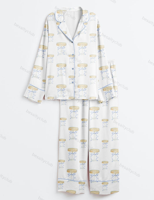 Elegant Blue Bow And Champagne Long Sleeve Satin Pajama Set