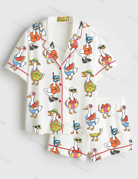 Just A Silly Goose Summer Cute Retro Goose Print Short Sleeve Satin Pajama Set
