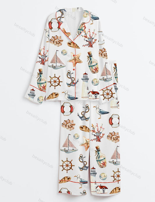 Watercolor Sea Illustrations Long Sleeve Satin Pajama Set