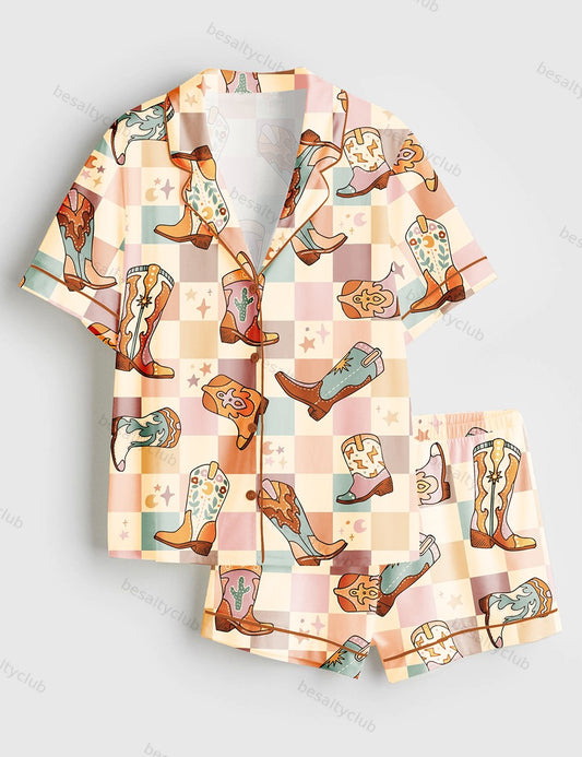 Colorful Plaid Western Cowboy Boot Short Sleeve Satin Pajama Set
