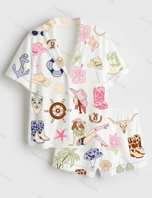 Women's Coastal Cowgirl Elements Western Cowboy Beach Summer Bachelorette Retro Rodeo Short Sleeve Satin Pajama Set