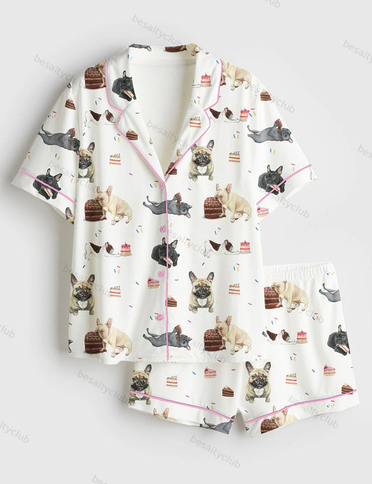 French Bulldog Birthday Gift Birthday Cake Cute French Bulldog Print Short Sleeve Satin Pajama Set