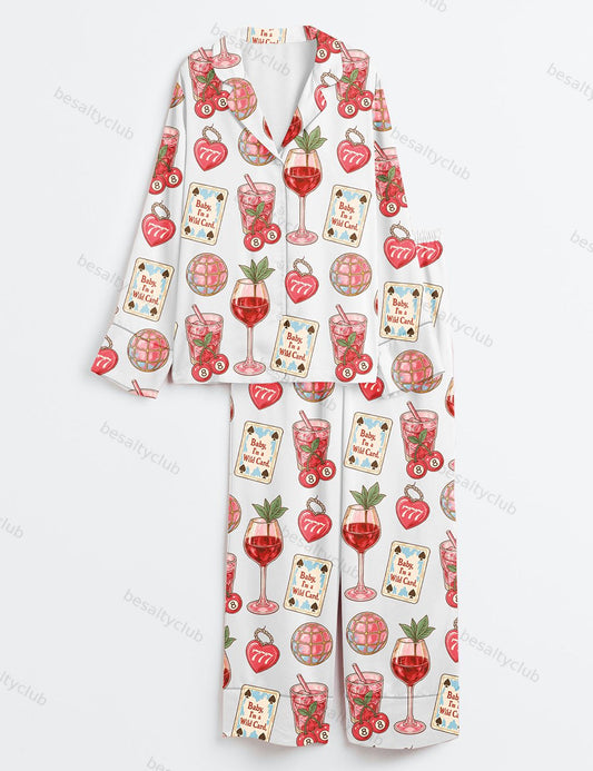 Western Wild Card Cherry Retro Coquette Western Collage Trendy Western Print Long Sleeve Satin Pajama Set
