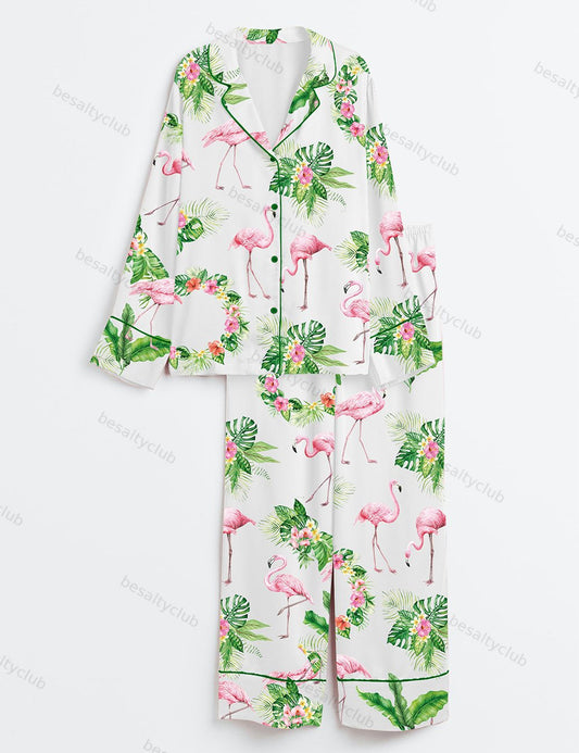 Pink Flamingo Long Sleeve Satin Pajama Set