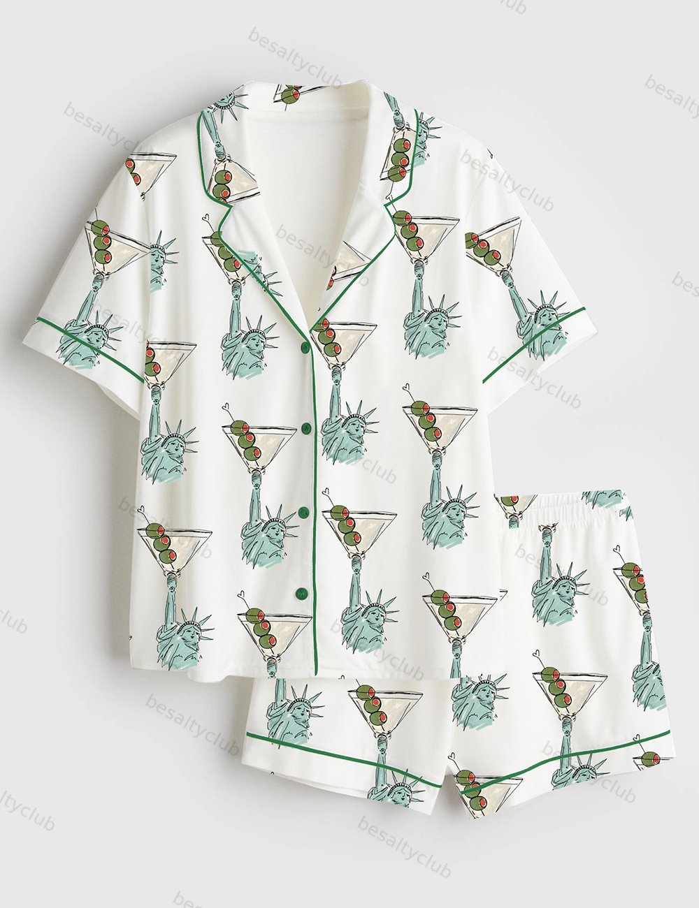USA Statue of Liberty Holding Martinis Weenies and Tinis Bachelorette Short Sleeve Satin Pajama Set