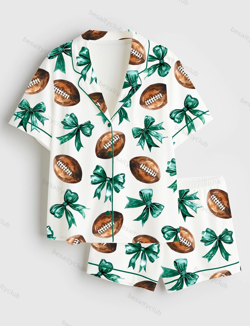 Green American Football 2025 Champion Short Sleeve Satin Pajama Set