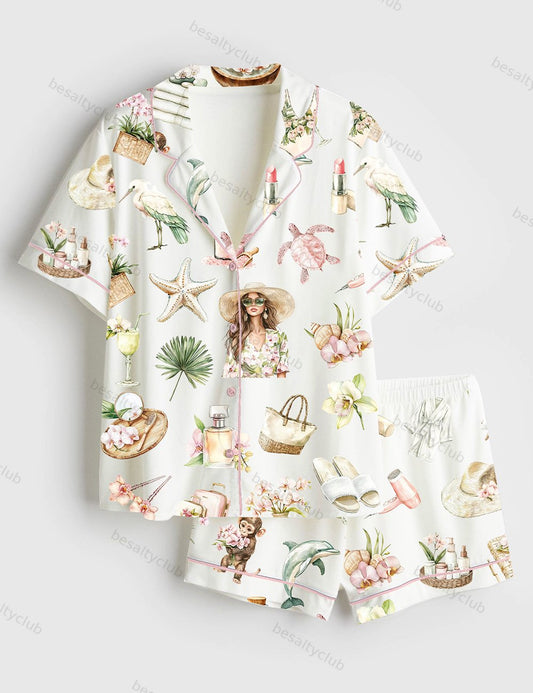 Watercolor Summer Vacation Orchid Spa Resort Travel Summer Vibes Print Short Sleeve Satin Pajama Set