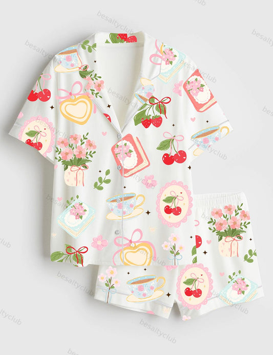 Cottagecore Tea And Berry Floral Books Cherries And Spring Elements Botanical Floral Farm Book And Coffee Flower Short Sleeve Satin Pajama Set
