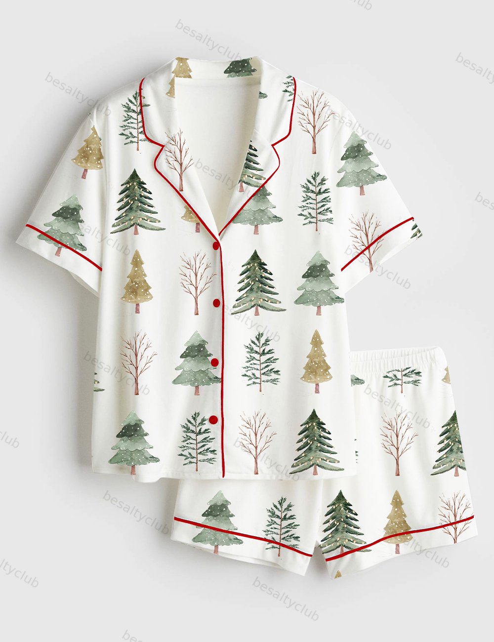 Merry And Bright Trees Christmas Holiday Chic Winter Short Sleeve Satin Pajama Set