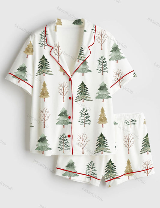 Merry And Bright Trees Christmas Holiday Chic Winter Short Sleeve Satin Pajama Set