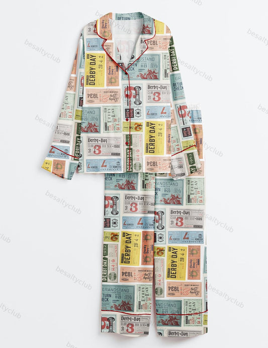 Western Kentucky Derby Day Vintage Tickets 151st Run For The Horse Print Long Sleeve Satin Pajama Set