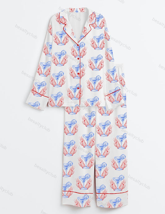 Red White And Boozy Beer Cocktail Club 4th Of July Party Like It's 1776 Long Sleeve Satin Pajama Set