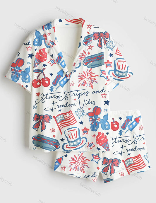 America Stars Stipes And Freedom Vibes 4th Of July Girly Coquette America Print Short Sleeve Satin Pajama Set