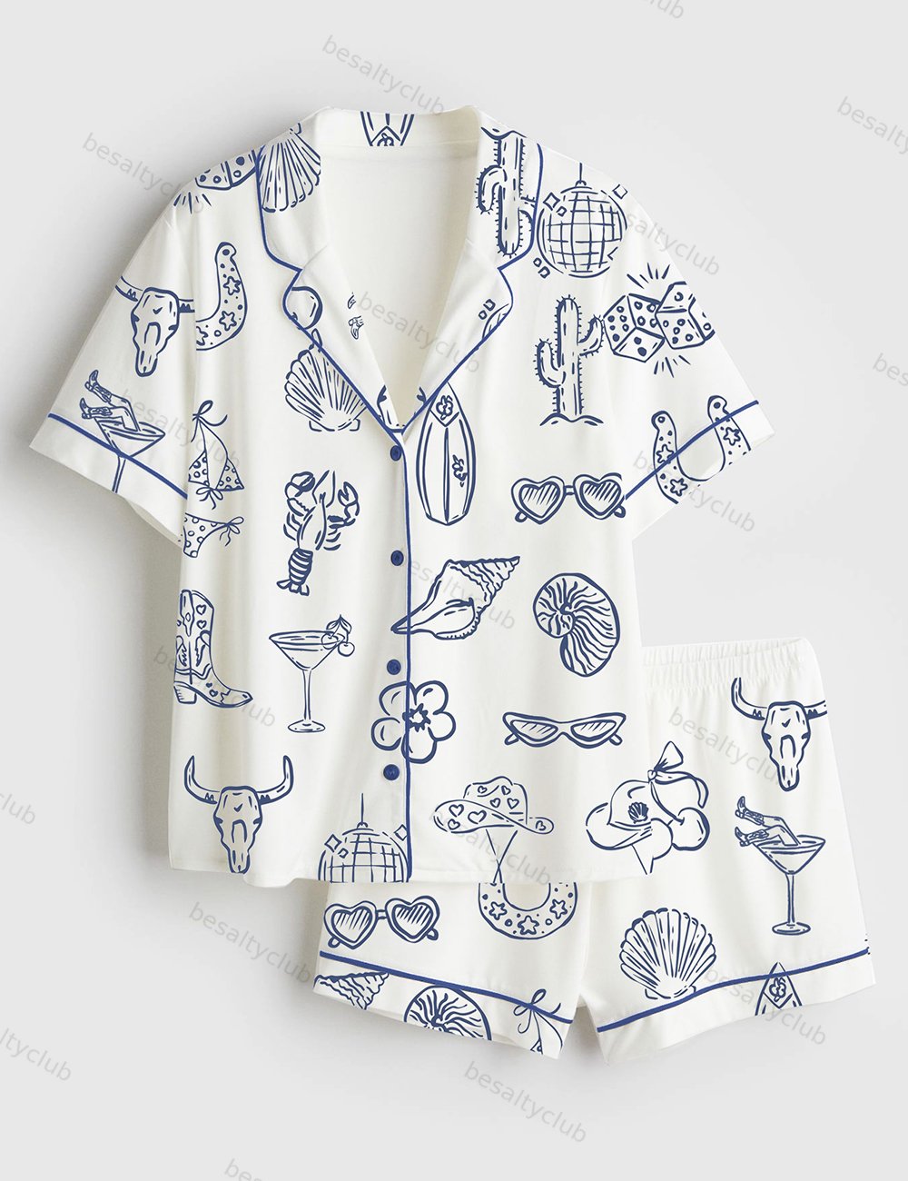 Cowgirl Coastal Bachelorette Hand Drawn Whimsical Short Sleeve Satin Pajama Set