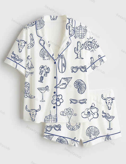 Cowgirl Coastal Bachelorette Hand Drawn Whimsical Short Sleeve Satin Pajama Set