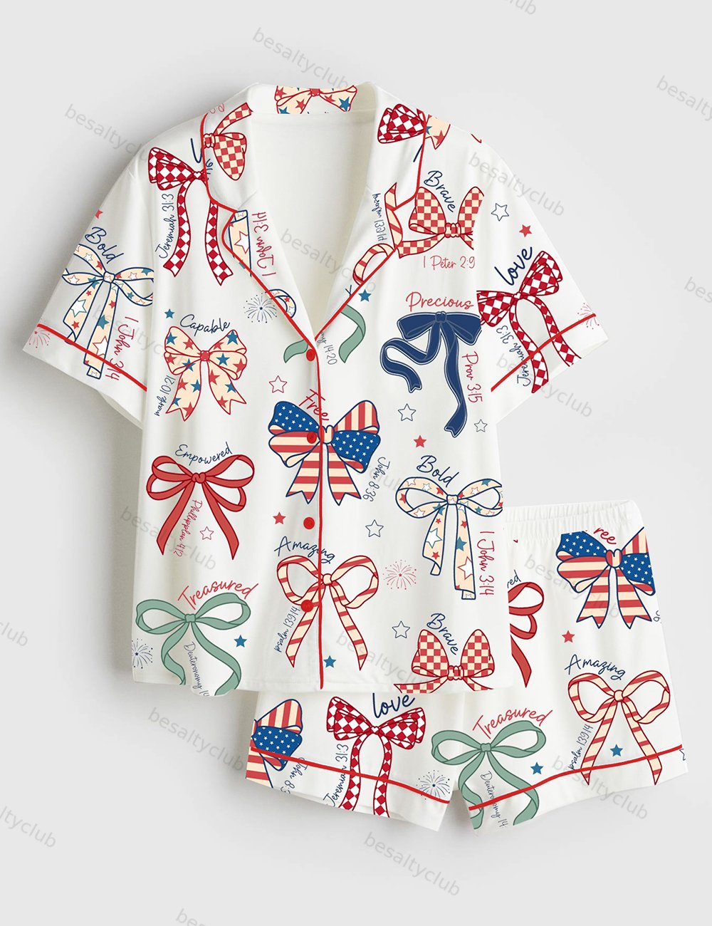 America Coquette USA 4th Of July Girly Patriotic Independence Day Print Short Sleeve Satin Pajama Set