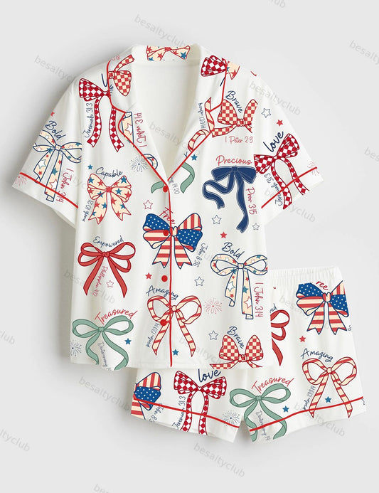 America Coquette USA 4th Of July Girly Patriotic Independence Day Print Short Sleeve Satin Pajama Set