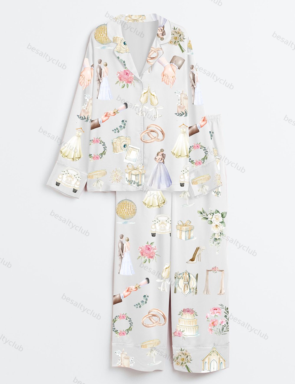 Wedding Timeline Watercolor Wedding Bride Groom Floral Elements Summer Marriage Print Long Sleeve Satin Pajama Set