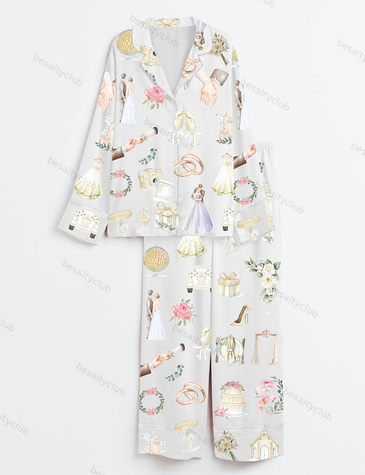 Wedding Timeline Watercolor Wedding Bride Groom Floral Elements Summer Marriage Print Long Sleeve Satin Pajama Set