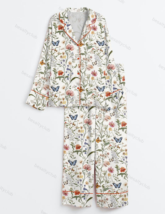 Wildflower Butterfly Vintage Spring Wildflower Print Long Sleeve Satin Pajama Set