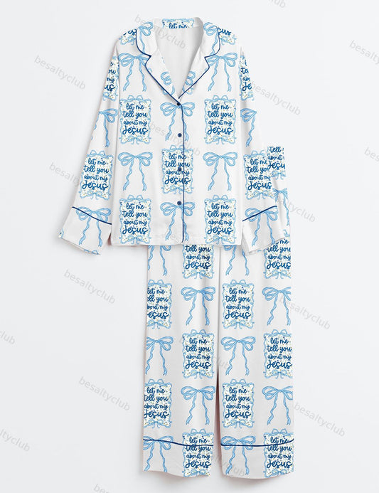Let Me Tell You About My Jesus Wildflower Boho Bible Verse Blue Bow Long Sleeve Satin Pajama Set