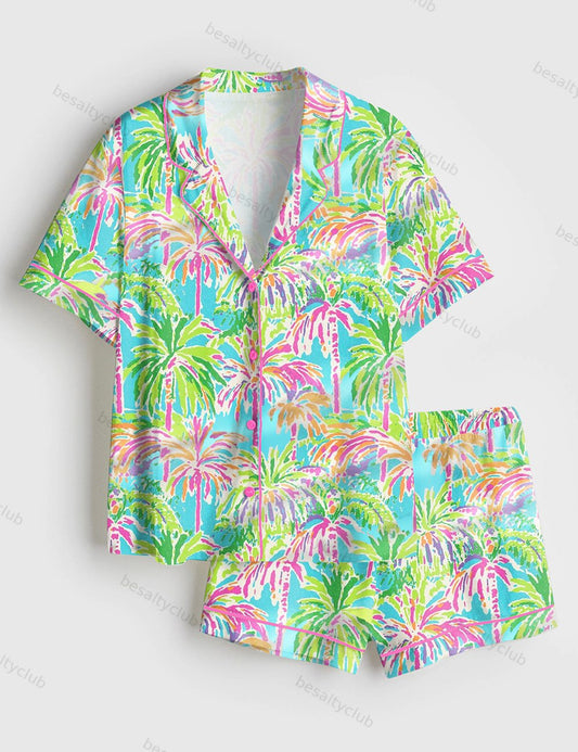 Preppy Palm Tree Tropical Bright Island Beach Short Sleeve Satin Pajama Set