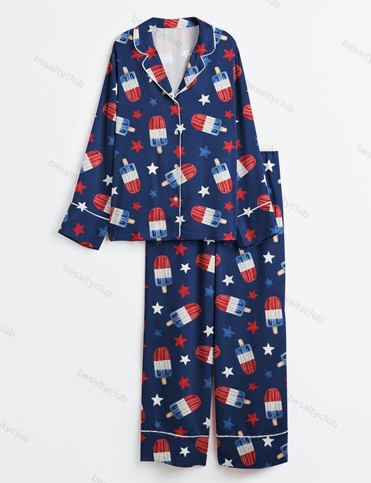 Fourth Of July Red White Blue USA Flag America Stars And Flags Patriotic 4th Of July Popsicles Long Sleeve Satin Pajama Set
