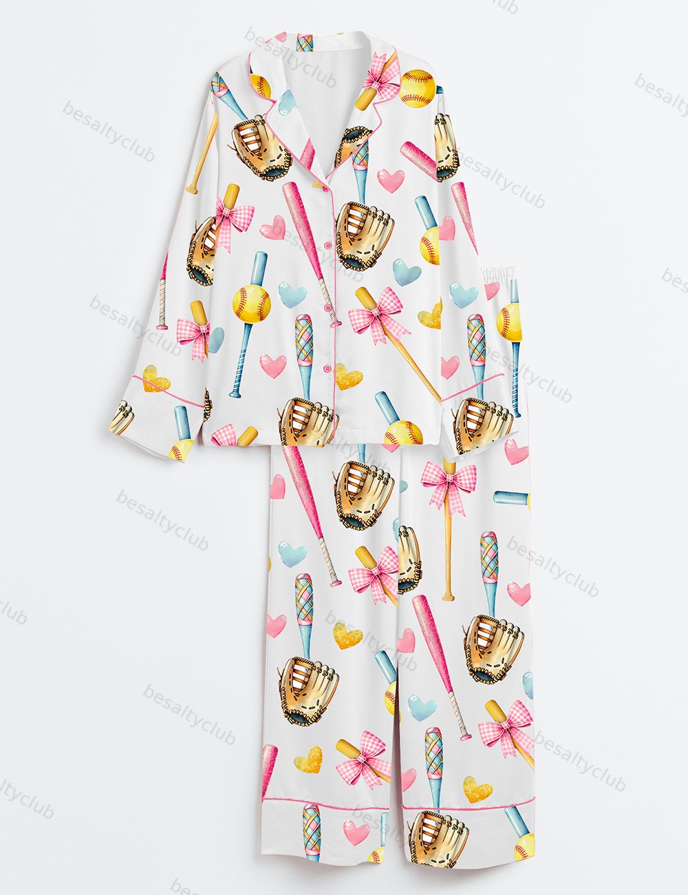 Softball Bow Softball Mom Softball Girl Long Sleeve Satin Pajama Set