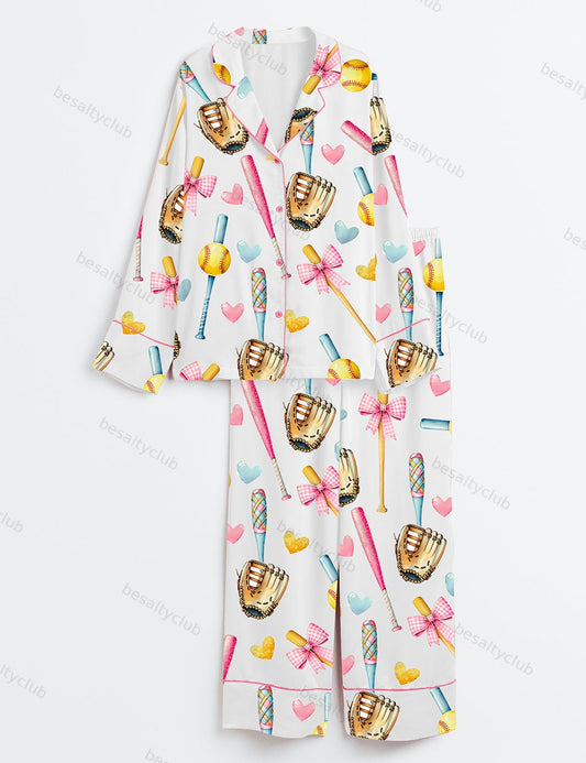 Softball Bow Softball Mom Softball Girl Long Sleeve Satin Pajama Set