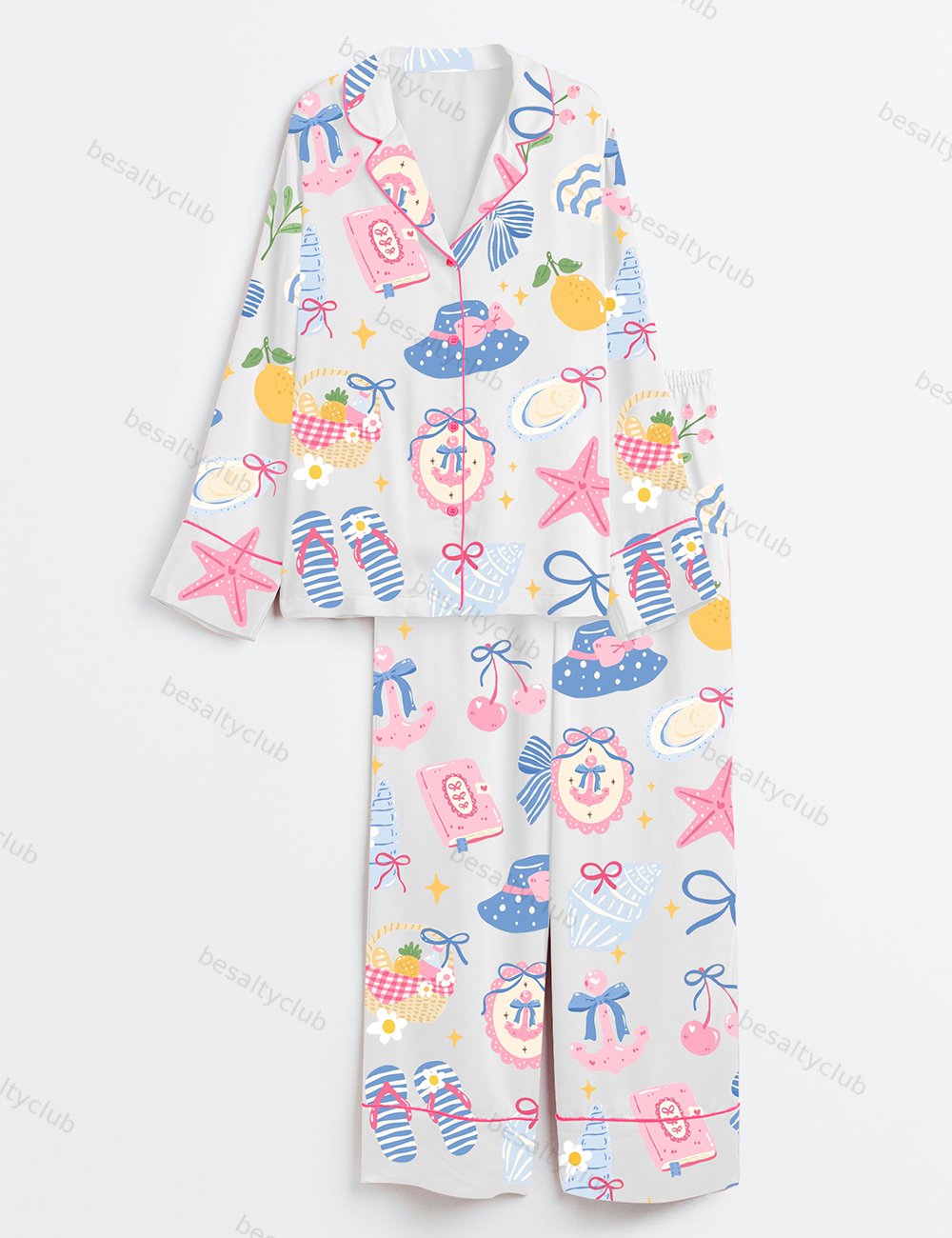 Coastal Preppy Girl Summer Beach Coquette Girly Summer Beach Ocean Print Long Sleeve Satin Pajama Set