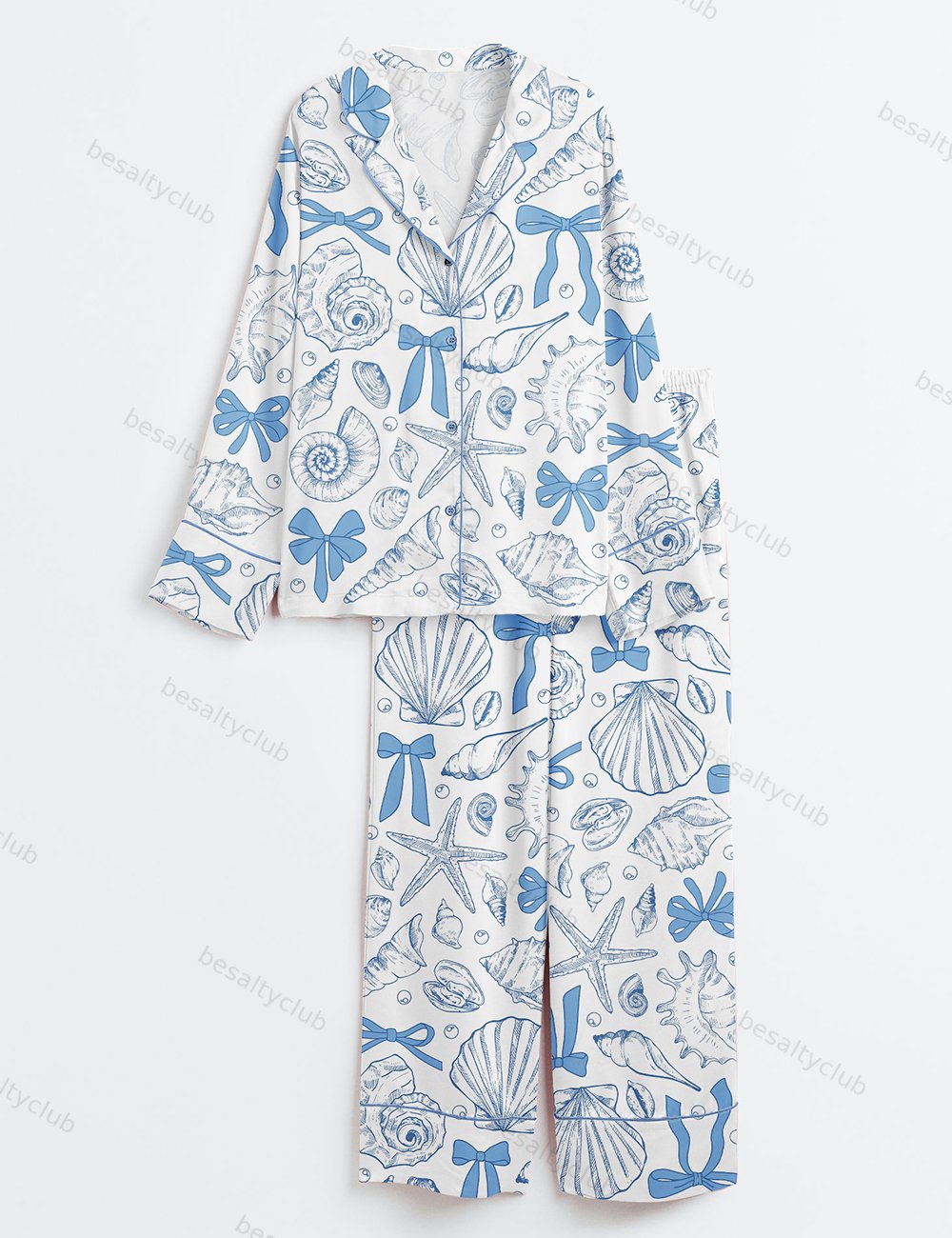 Coquette Seashell Beach Retro Coastal Girls Trip Summer Vibes Print Long Sleeve Satin Pajama Set