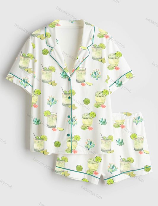 Cocktail Cactus Western Wine Lemon Short Sleeve Satin Pajama Set