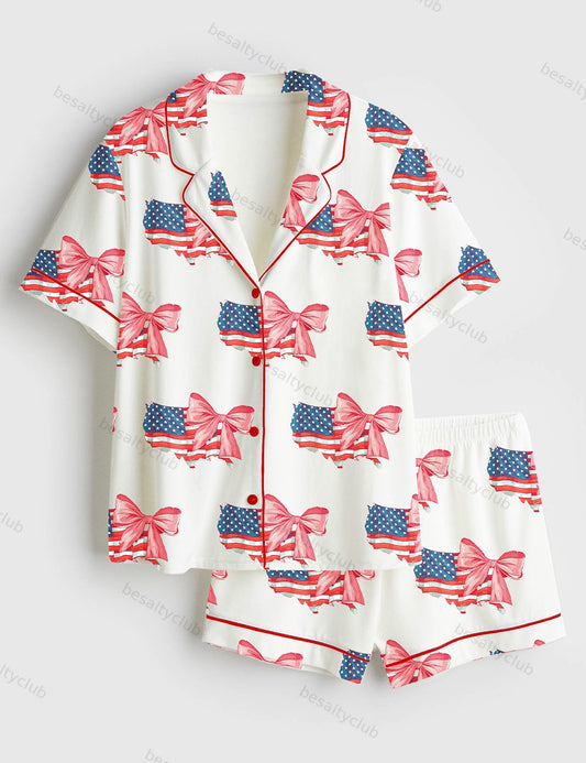4th Of July Coquette American Flag Patriotic Print Short Sleeve Satin Pajama Set
