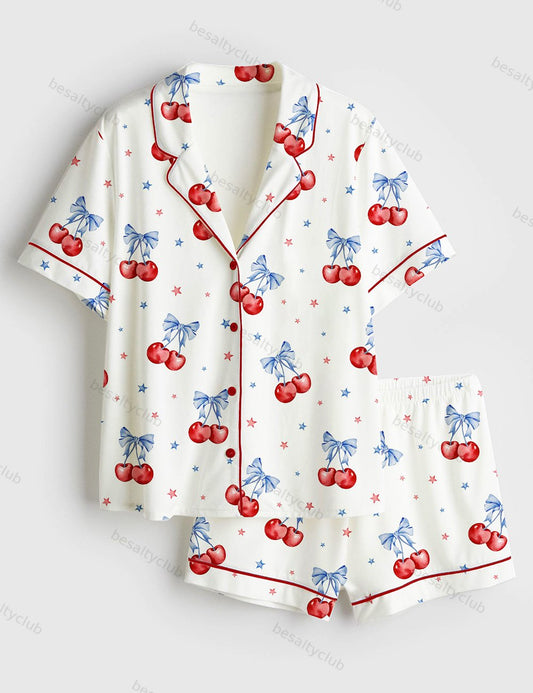 Cherries Be For 4th July Short Sleeve Satin Pajama Set
