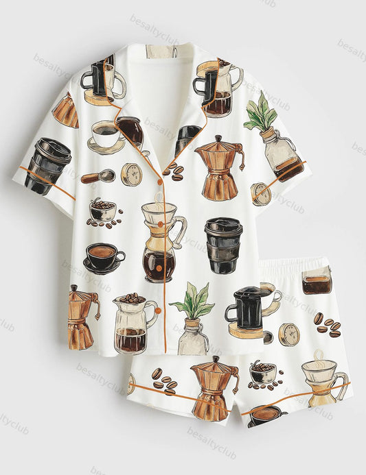 Retro Vintage Coffee Coffee Lovers & Baristas Short Sleeve Satin Pajama Set