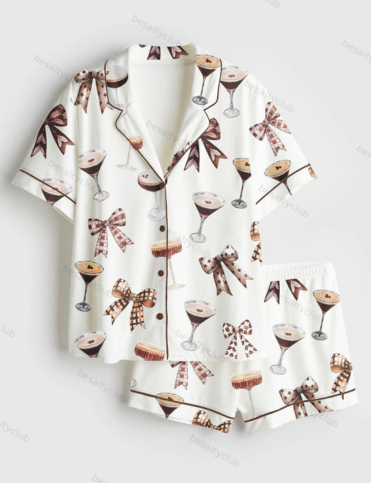 Espresso Martini Cocktail Coquette Tini Time Coffee Lover Short Sleeve Satin Pajama Set