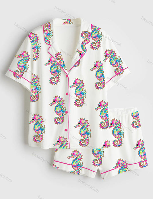 Summer Seahorse Preppy Summer Vibes Neon Beach Coastal Print Short Sleeve Satin Pajama Set