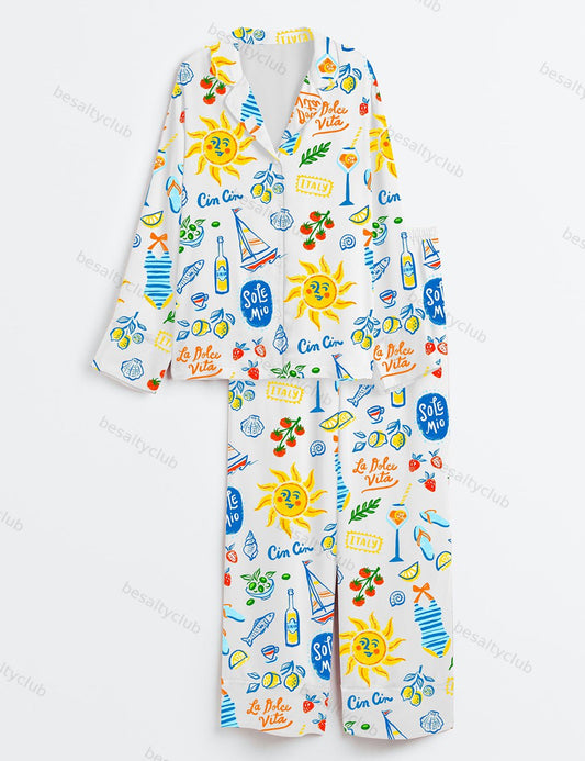 Italian Summer Vacation Seaside Journeys Long Sleeve Satin Pajama Set