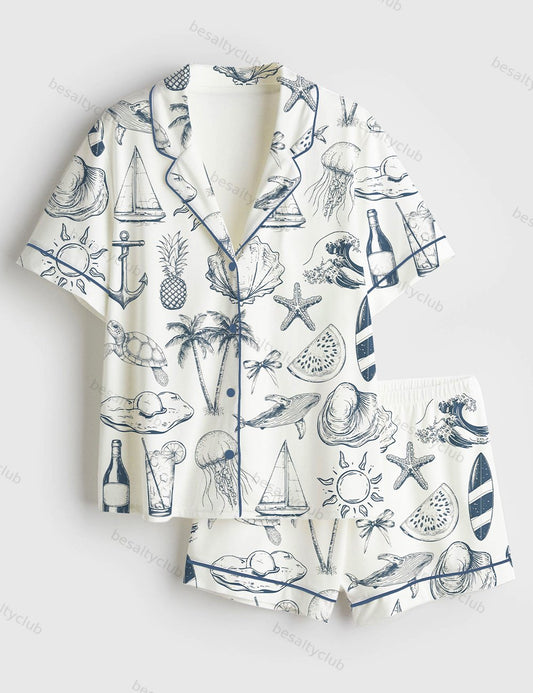 Vintage Coastal Nautical Hand Drawn Sea Life Retro Summer Beach Print Short Sleeve Satin Pajama Set