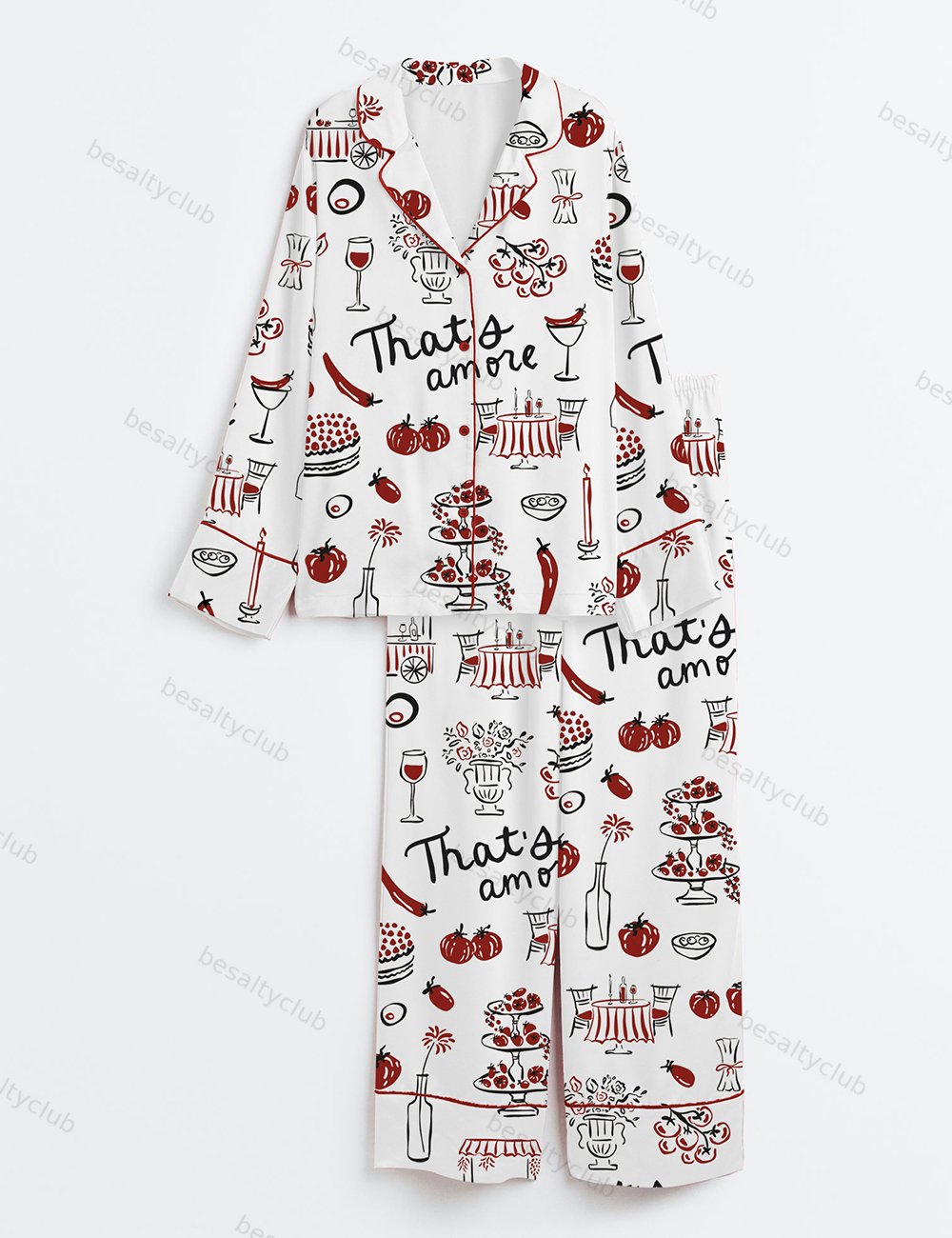 Hand Drawn Whimsical Illustrations Of Italian Food Italian Wedding Print Long Sleeve Satin Pajama Set