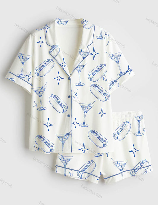 A Teenie Weenie Hot Dogs And Martini Birthday Invitation Short Sleeve Satin Pajama Set