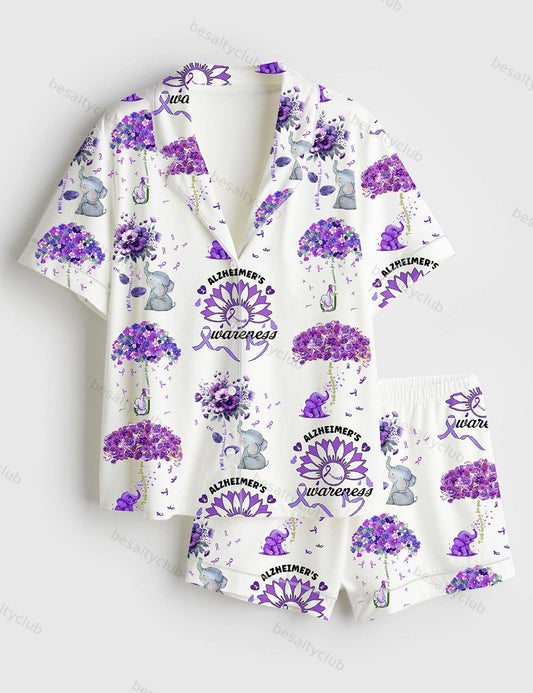 Alzheimer's Awareness Purple Ribbon Alzheimer's Support Purple Flowers Short Sleeve Satin Pajama Set