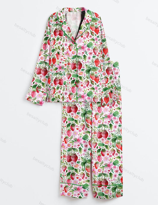 Strawberries And Flowers Painted in Loose Long Sleeve Satin Pajama Set