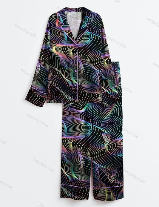 Holographic Waves Abstract Long Sleeve Satin Pajama Set