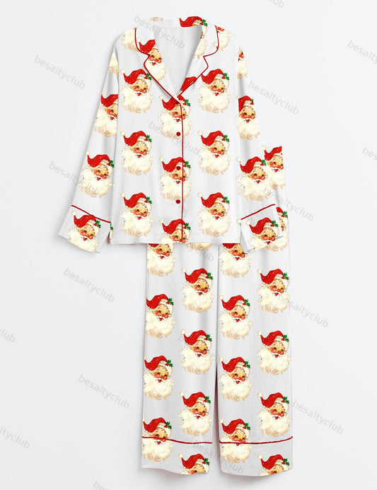 Merry And Bright Vintage Santa Christmas Retro Santa Claus Christmas Family Long Sleeve Satin Pajama Set