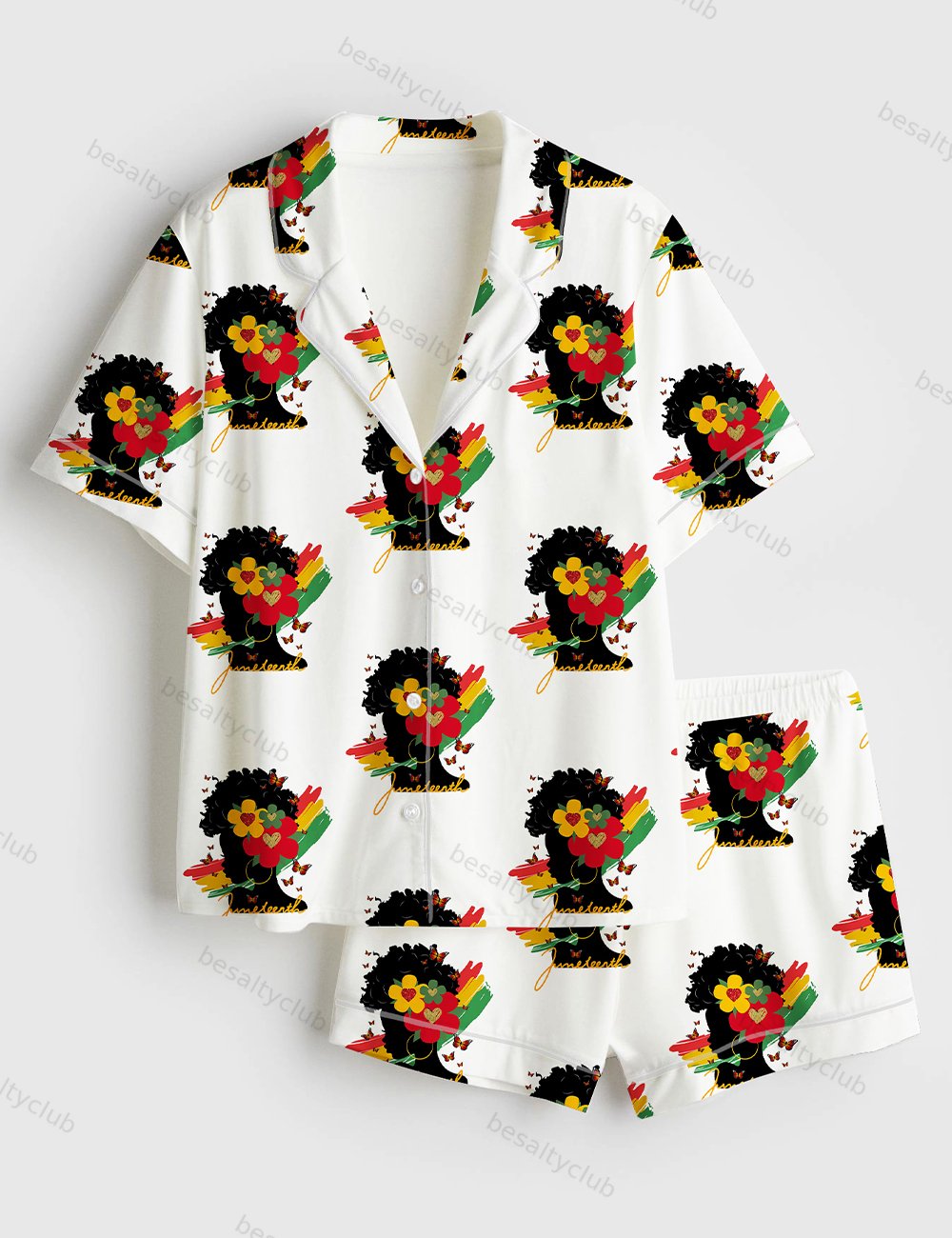 Afro Messy Bun Juneteenth Black Woman Freedom Short Sleeve Satin Pajama Set